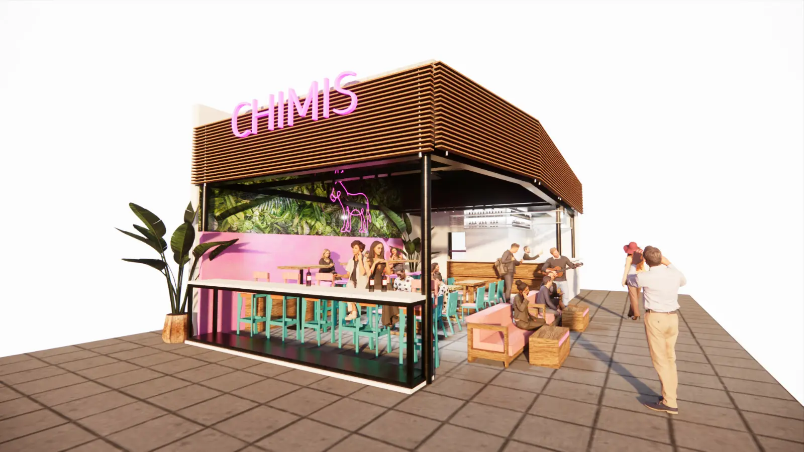 The kiosk in the mall atrium, timber-slat canopy and neon lettering
