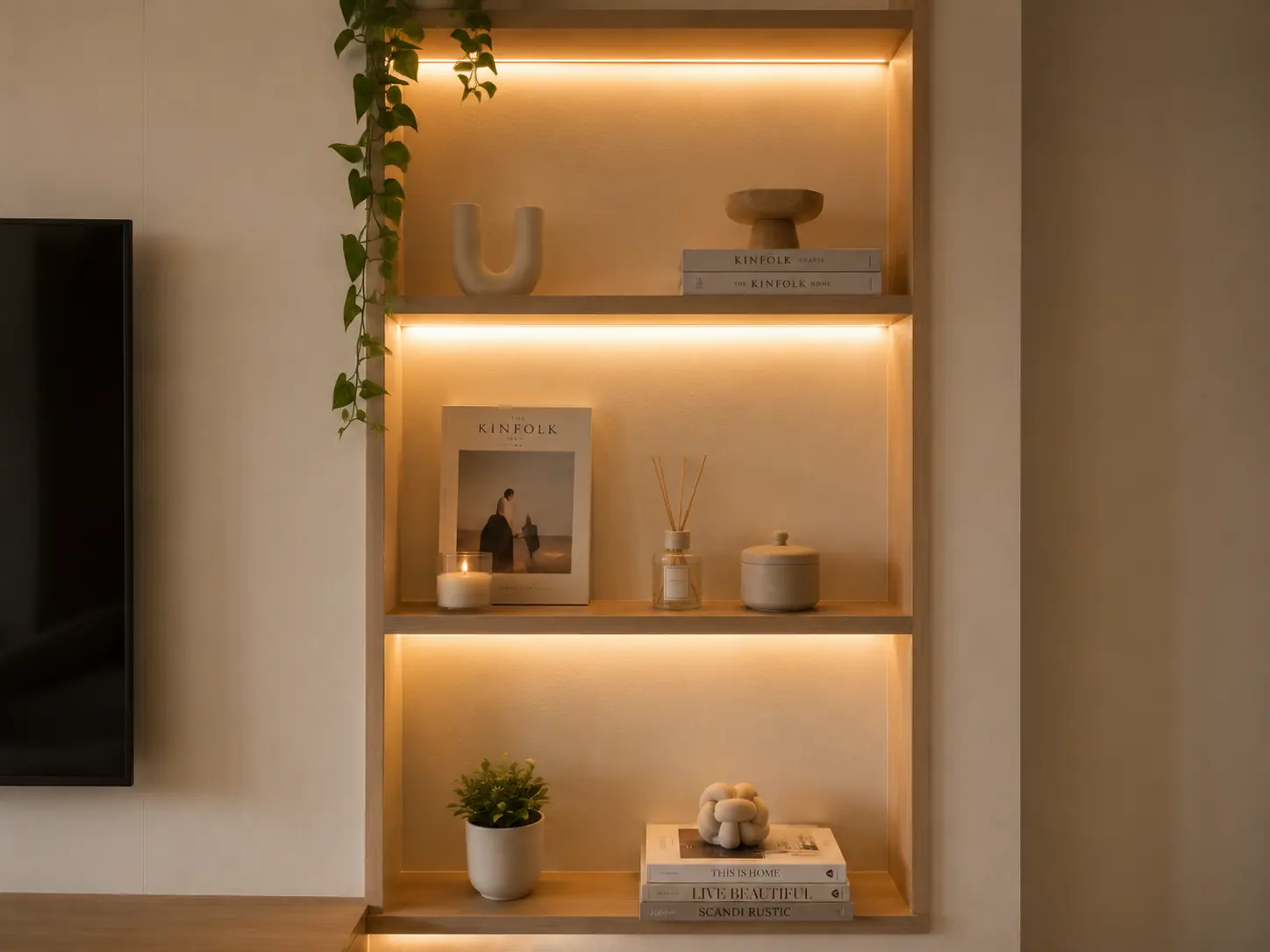 Backlit niches beside the television wall