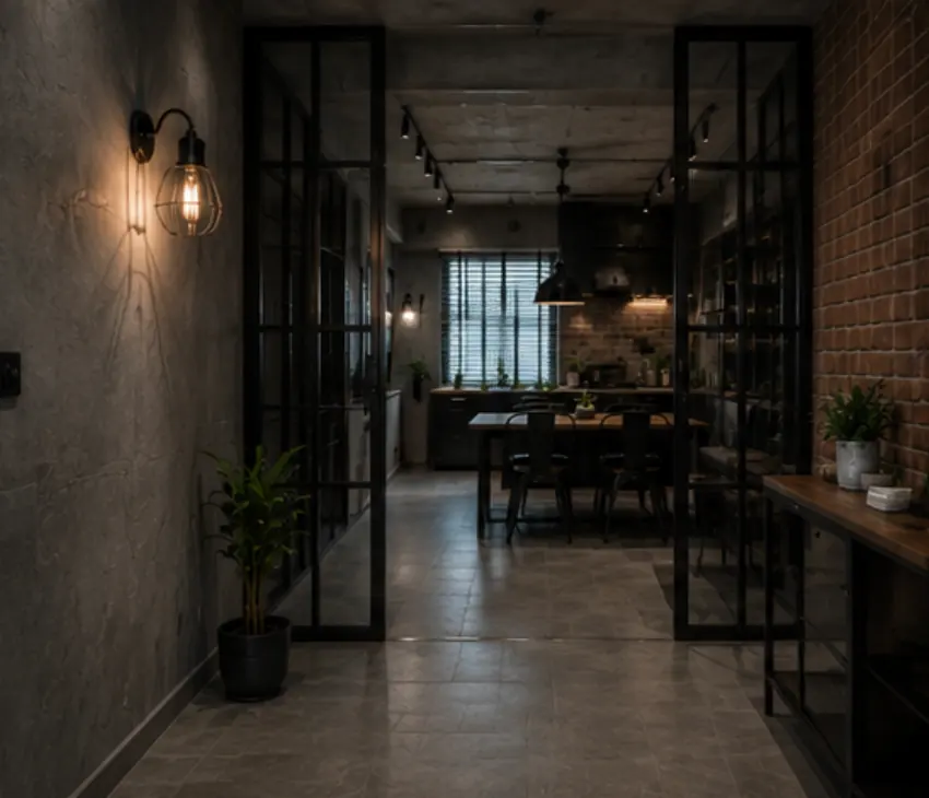 Black steel-framed glass partitions along the corridor to the kitchen