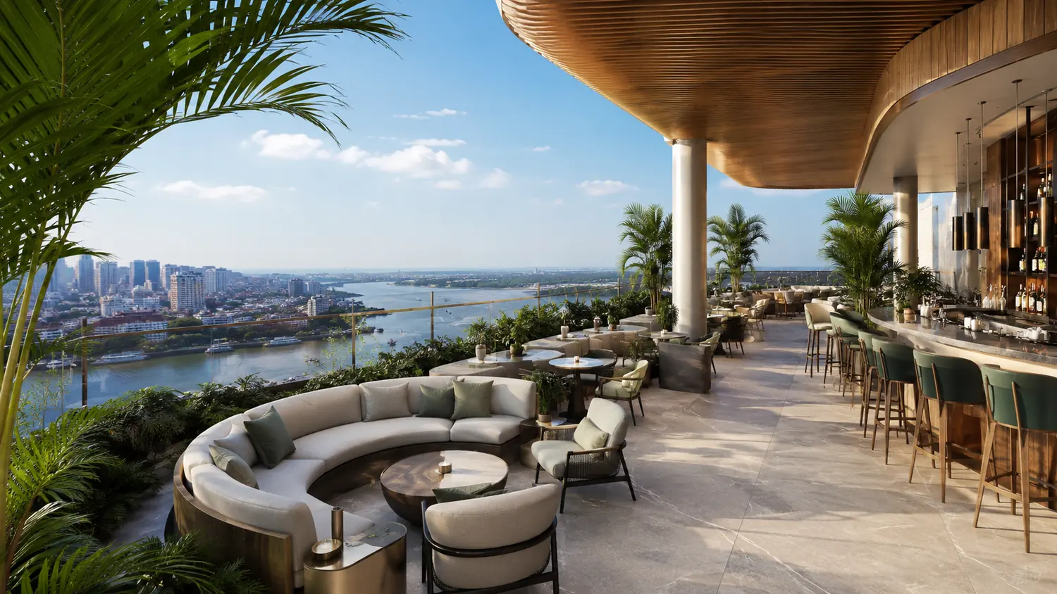 Circular banquettes under the sweeping timber soffit, planting to the river edge