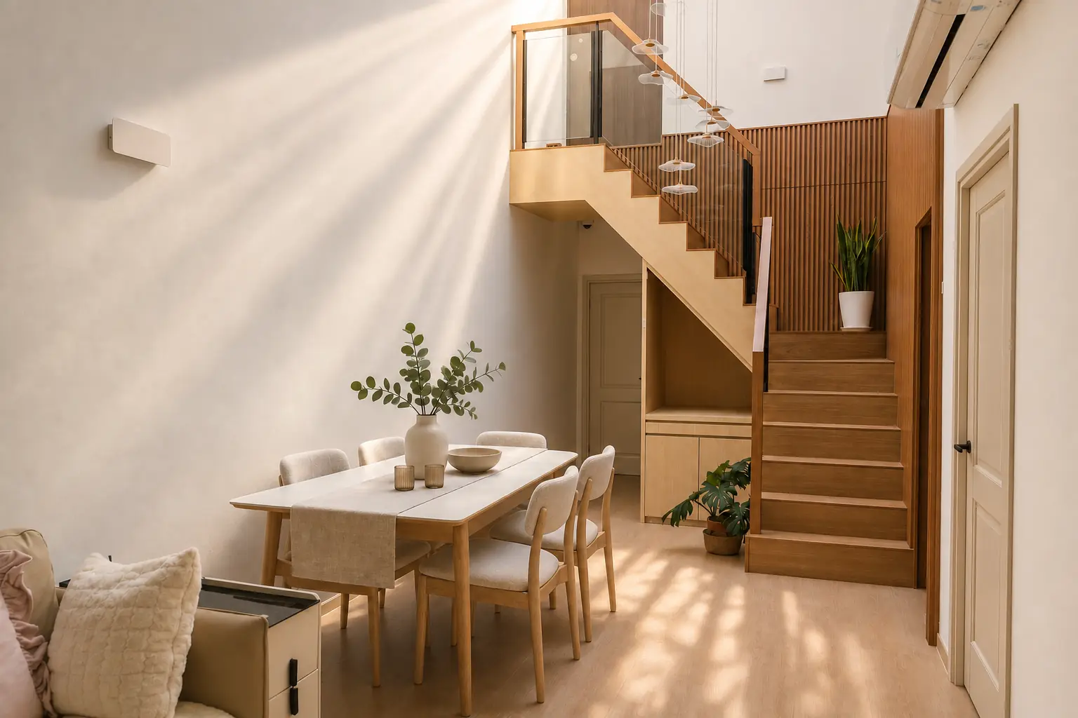 Dining table beside the fluted oak stair core, sunlight raking across the timber