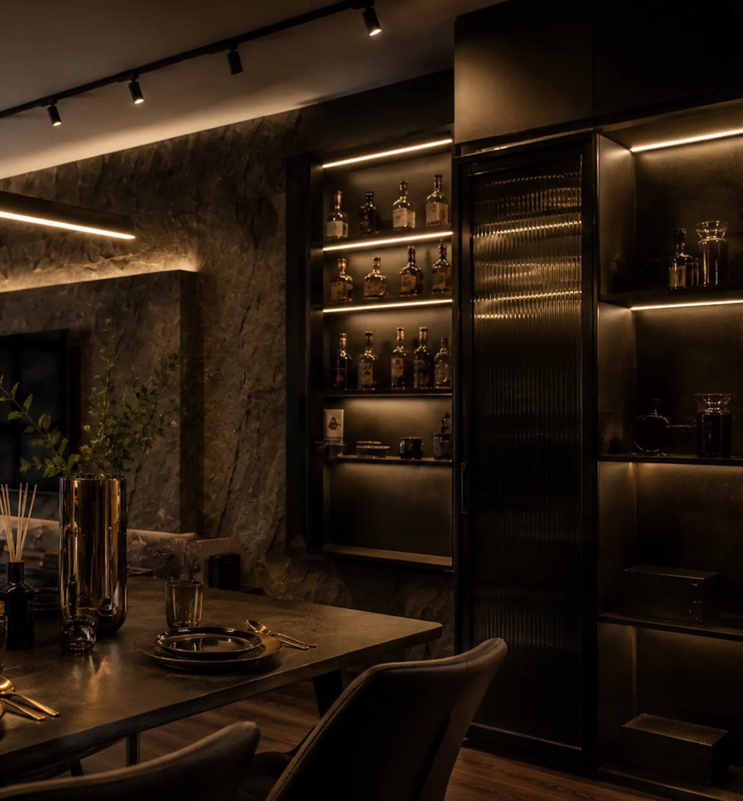 The backlit display bar anchoring the dining area